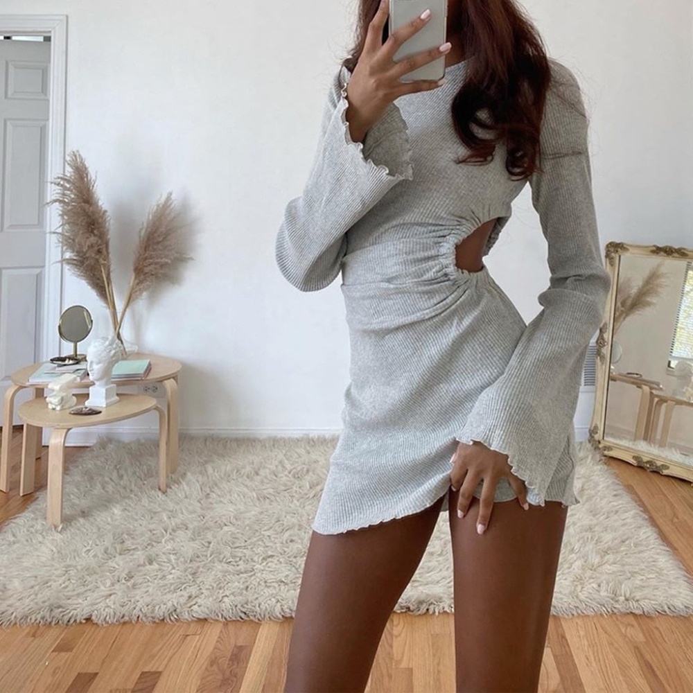 Grey Rib-Knit Cut Out Bell Sleeve Mini Dress - Picture 4 of 16